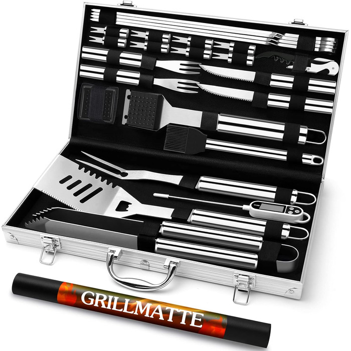 Grilliance 26-Piece Stainless Steel Grill Accessory Set - High-Quality BBQ Grill Utensil Case. Perfect Grill Tool Set for Men - Gift with Portable Storage Case and Meat Thermometer (Silver)