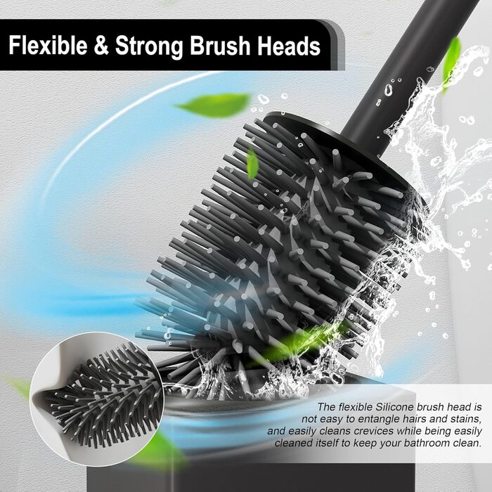 Чорна щітка для унітазу BVL з тримачем, метал, з 2 насадками, квадратна, силіконова, для ванної кімнати