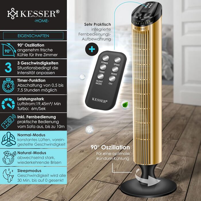 Турбо-вентилятор KESSER® з пультом керування, 90° осциляція, 3 швидкості, 90 см, таймер, золотий | Колонний вентилятор