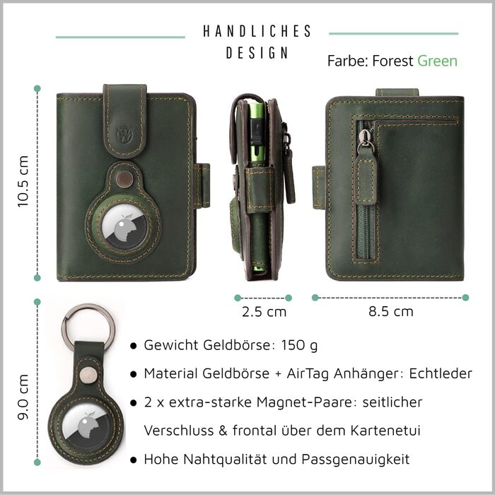 Will Fire® AirTag Wallet with Photo Capsule | Includes AirTag Attachment | Genuine Leather Wallet with Coin & Bill Compartments | Extra Secured RFID Card Holder | Space for up to (12) Cards [Green]