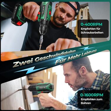 Акумуляторний шуруповерт 20V з акумулятором 2000mAh, 42Nm, 25+1 ступенів, 10мм патрон, LED-підсвітка, сумісний з Makita, для ремонту та DIY Green