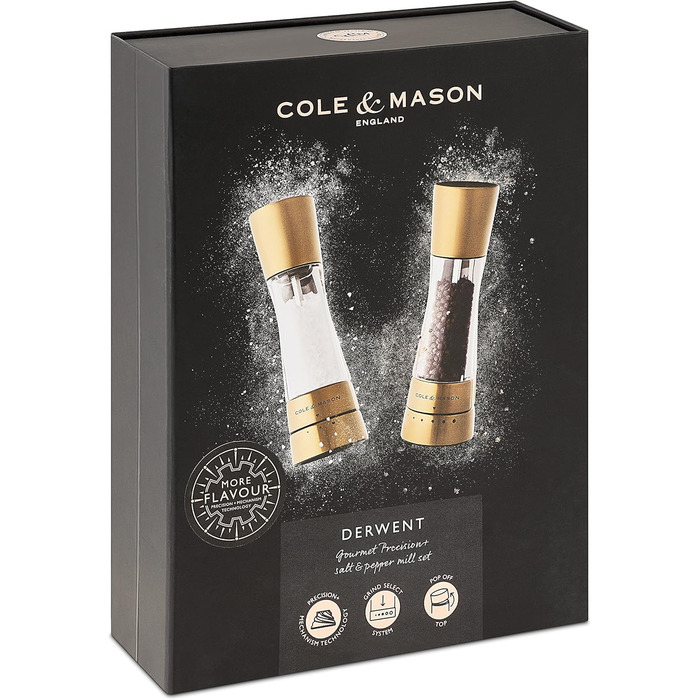 Cole & Mason Derwent Gold Salt and Pepper Grinder Set, Manual Spice Grinder with Adjustable Ceramic Grinder, Stainless Steel/Acrylic, 190mm, Precision+, Gift Set