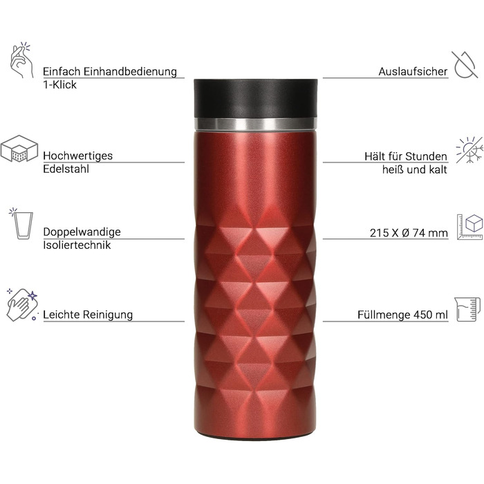Термокружка Diamond з нержавіючої сталі Elasto Premium 450 мл, з кнопкою, витіканнями, BPA-free, для гарячих та холодних напоїв, матова блискуча (Рубіново-червона)