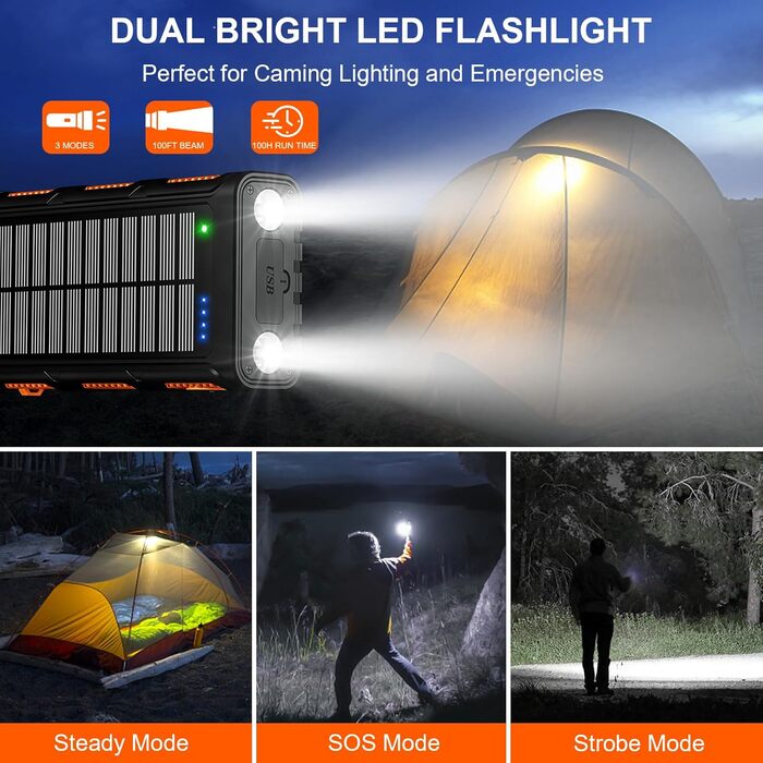 Портативний зарядний пристрій Powerbank 26800 mAh з сонячною панеллю та ручкою, 4 кабелі, USB-C, швидка зарядка, 7 виходів, 4 входи, для мобільного телефону, водонепроникний, зовнішній акумулятор для кемпінгу, оранжевий