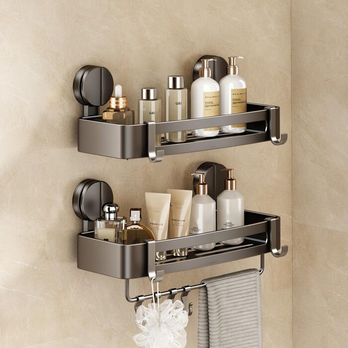 Поличка для душу без свердління, кутова поличка для ванної кімнати з присосками, корзина для душу з тримачем для рушників та знімними гачками (2 шт., сіра) (Прямокутна – 2 шт.)
