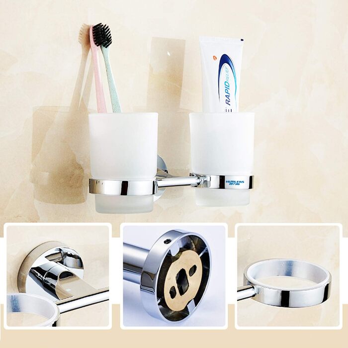 Double-Walled Glass Holder Toothbrush Holder Stainless Steel Double Wall Holder with 2 Glass Cups