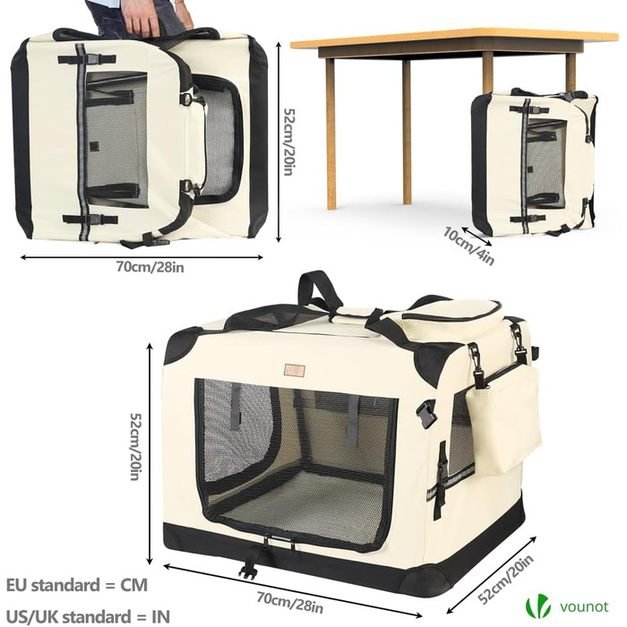 Транспортна переноска для собак та котів VOUNOT, складана, 82x60x60 см XL, з металевим каркасом та ручками, сітка, дихаюча, бежева