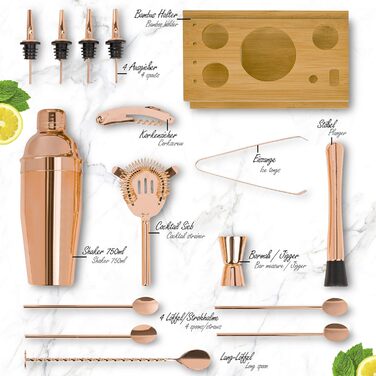 ONVAYA® Cocktail Set in Rosé-Gold | Cocktail Gift Set with Bamboo Holder | Cocktail Shaker Set | Professional Bartender Set | Moscow Mule Mugs (Cocktail Set)