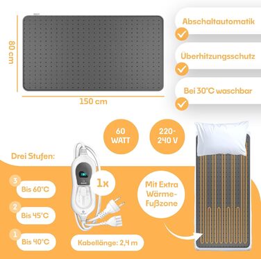 Електрична ковдра KESSER® з автоматичним вимкненням та пультом дистанційного керування | 3 температурні режими | Підійде для будь-якого ліжка | Тепла ковдра з м'якого флісу, білий колір, 150x80 см, антрацит