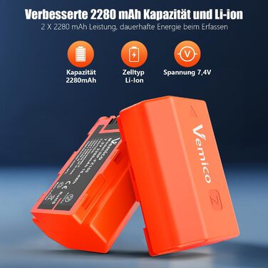 Зарядний пристрій Vemico NP-FZ100 з 2 акумуляторами 2280mAh (2 шт.) для камер Sony Alpha A7III/ A7R III/A7 IV/ A7R IV/ A9/ A6600. Сумісний з оригінальними акумуляторами Sony. LCD дисплей.