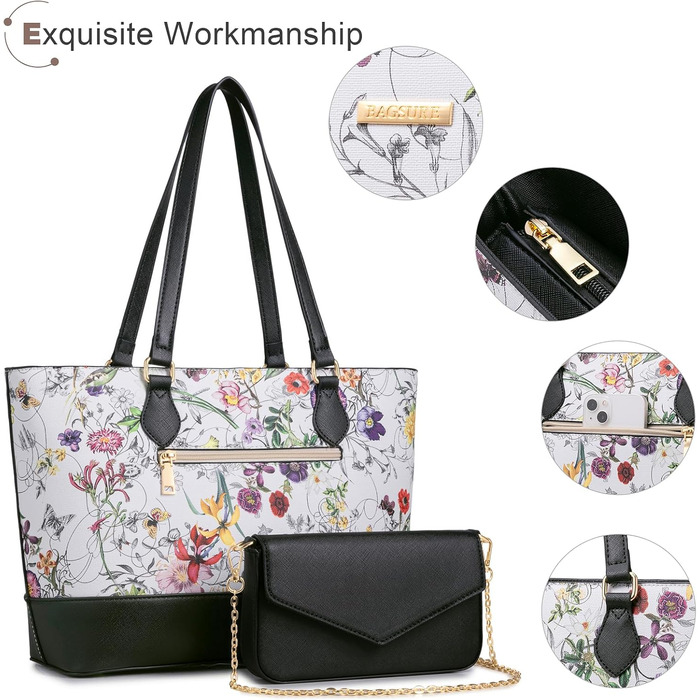 Bagsure Сумка жіноча 4 в 1: сумка-шопер, сумка на плече, ділова сумка для офісу, школи, подорожей (квітковий принт)