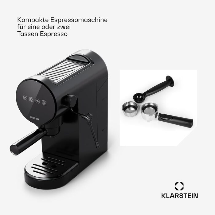 Еспресо-машина Klarstein з капучинатором, 0,9 л, 1360 Вт, ретро, компактна кавоварка для капучино, латте, макіато, чорна