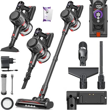 Бездротовий акумуляторний пилосос KESSER® з LED дисплеєм, до 60 хв роботи, тихий, без мішка, з антинамотувальною щіткою, HEPA фільтр, для твердих поверхонь та килимів, з аромадиском, чорний/червоний