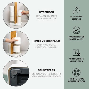 Набір для туалету Eluno 4 в 1: щітка, тримач рулонів, полиця, бамбук/метал (білий)