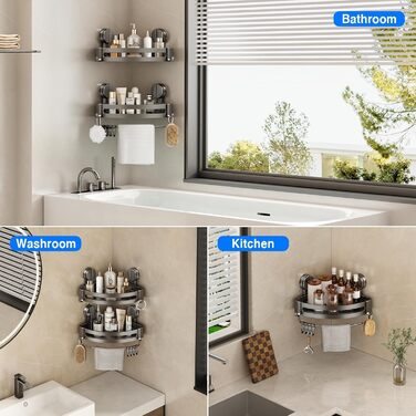 Поличка для душу без свердління, кутова поличка для ванної кімнати, органайзер для душу з тримачем для рушників та знімними гачками (2 шт., сірий) Трикутна