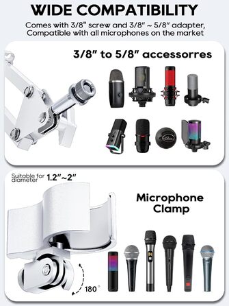 Кріплення для мікрофона на настільному кріпленні, 40 см, професійний мікрофонний тримач, сумісний з HyperX QuadCast, Blue Yeti, 360° обертання, адаптер 3/8' - 5/8'