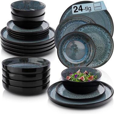 Набір посуду SÄNGER Manila 24 частини: 6 тарілок, 6 сніданок, 6 глибоких тарілок, 6 мисок для пасти, блакитний з чорним обідком, кераміка для 6 осіб