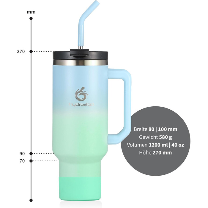 Термокухоль Hydro2Go з трубочкою – BPA-free, придатна для миття в посудомийній машині – 10 годин гарячого/12 годин холодного – 1200 мл, Lagoon