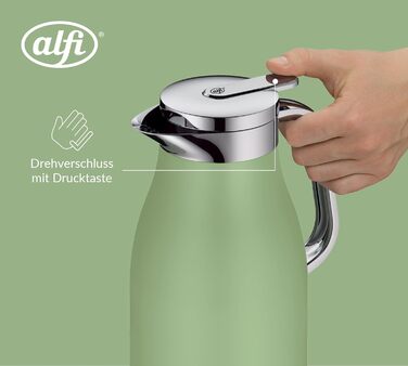 Термос Alfi SKYLINE 1.0л з нержавіючої сталі з гігієнічним скляним вкладишем, поворотним кришкою з зручною кнопкою, ергономічною ручкою, для однієї руки, ідеальний як чайник для кави та чаю (1000 мл, Celadon Green Mat)