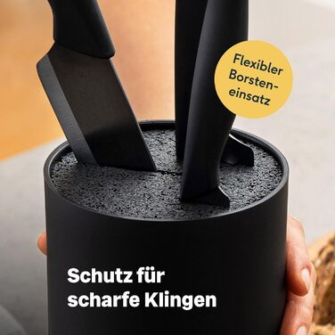 SILBERTHAL Universal Knife Block without Knives - Removable Brush Insert - Holds up to 10 Knives - Round - Black - Recycled Plastic with Stainless Steel Ring