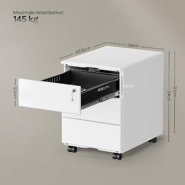 Металевий мобільний офісний контейнер WOLTU з 3 шухлядами, закривається на ключ, для документів, білий, для офісу та дому, SK024ws