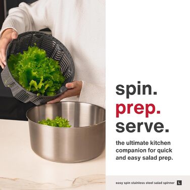 Салатозламач Zyliss Easy Spin з нержавіючої сталі, 6 л, з мотузковим приводом, миска для салатів з кришкою, BPA-free, неслизьке дно, AquaVent™-технологія, кнопка стоп, придатний для миття в посудомийній машині
