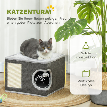PawHut Дряпальня для котів, 35 см у висоту, котячий тунель з печерою, кігтеточка з іграшковою кулькою, котячий турецький оазис з сизалю, для котів до 6 кг, Темно-сірий+Крем-білий | Aosom
