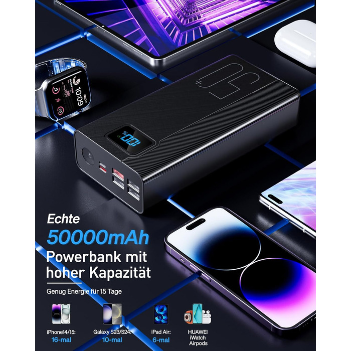 Power Bank 50000mAh 22.5W: Зовнішній акумулятор з великою ємністю, 5 USB виходів, 3 входи, чорний