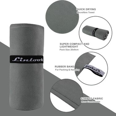 Рушник з мікрофібри Linlook - великий, компактний, швидковисихаючий. Ідеальний для спорту, подорожей, йоги, пляжу, тренажерного залу. Розмір: 180x80 см, колір: зелений/сірий