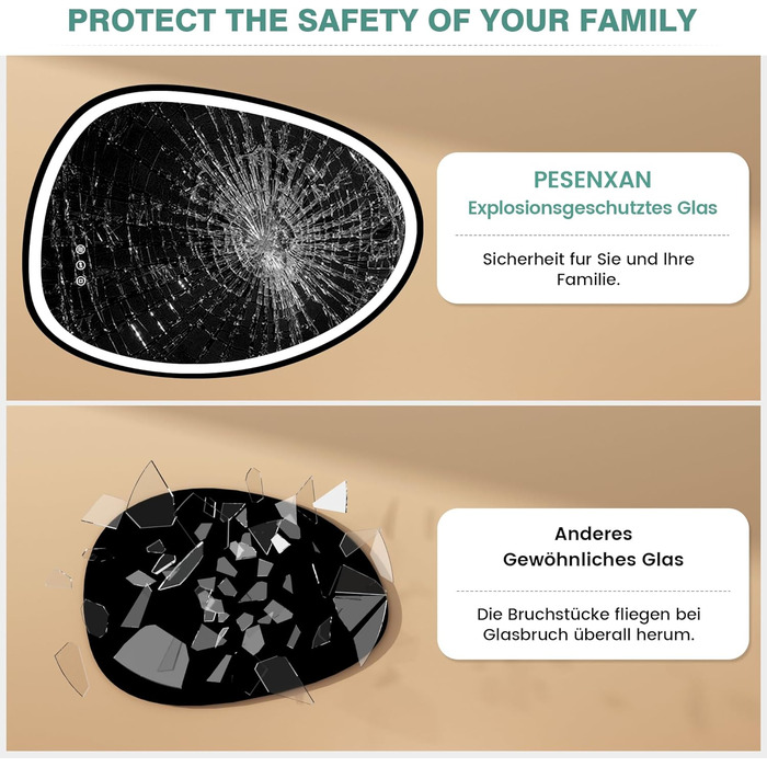 Дзеркало з підсвіткою, асиметричне LED, 75x55 см, з сенсорним вимикачем, антизапар, 3 кольори світла, регулювання яскравості, функція пам'яті, чорний (горизонтальне/вертикальне)