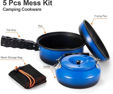 Odoland 5-Piece Camping Cookware Set - Nonstick Lightweight Pot Pan Kettle with Detachable Handle - Backpacking, Camping, Hiking & Picnic Cookware Set