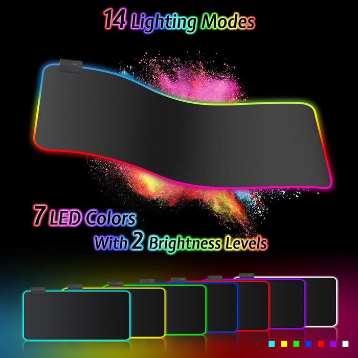 Килимок для миші ігровий RGB 800x300mm XXL, великий, з 14 режимами підсвічування, 7 LED кольорами, вологостійкий, з антиковзким покриттям для комп'ютера, ПК, професійних геймерів, чорний