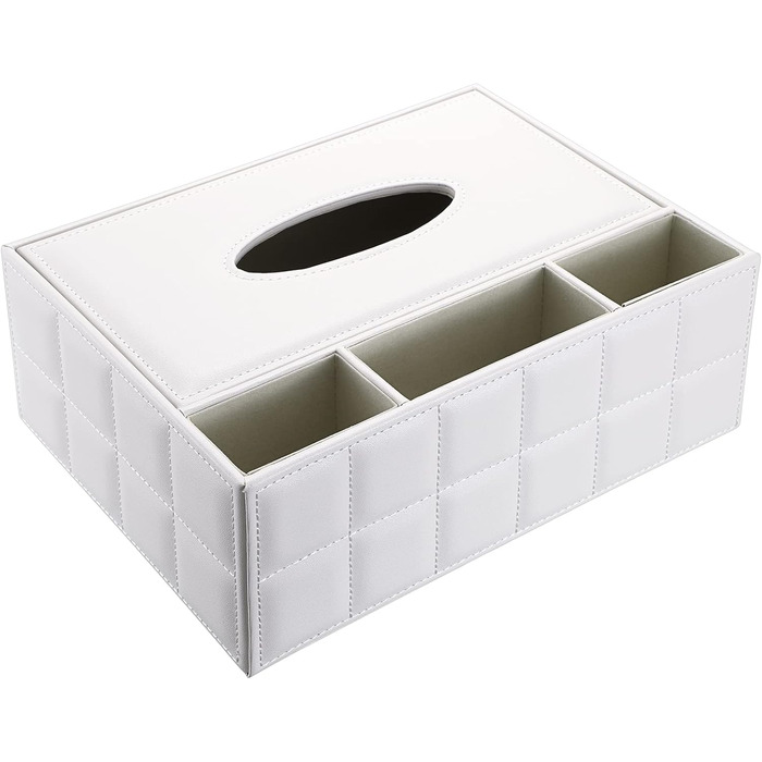 BTSKY Rectangular Tissue Box Holder made of PU Leather with Remote Control Pocket – Desk Tissue Holder, Organizer, Storage Box, Holder, Remote Control Container, White