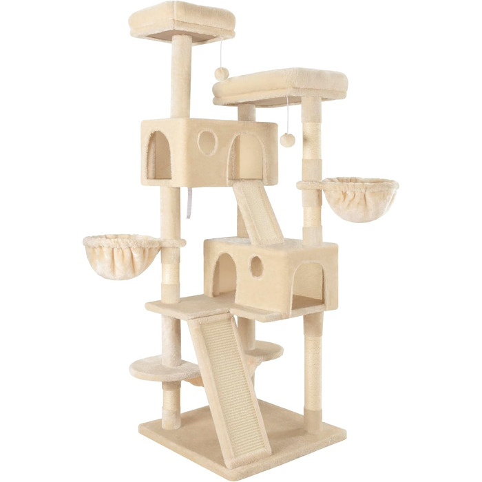 Кігтеточка MUTICOR 168 см з декількома рівнями, для великих котів, з м'якими лежаками, сизалевим покриттям, гамаком та кошиками, будиночком, широкою основою (Бежевий)