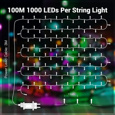 Кольорова гірлянда для декорування на 100 метрів, 1000 LED, вологостійка IP44, 8 режимів, для дому, саду, вечірки, ялинки, балкону, тераси