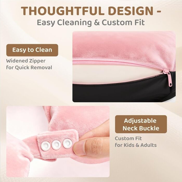 Подушка для шиї Mewaii з капюшоном, двостороння, для дітей та дорослих, милий дизайн котика, захист приватності, м'яка піна Memory Foam, подушка для подорожей на літаку та в авто (Рожева)