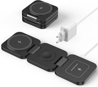 KU XIU Бездротова зарядна станція 3-в-1 MagSafe для iPhone 17/16/15/14/13/12, Apple Watch, AirPods. Складний зарядний пристрій для подорожей, чорний + адаптер