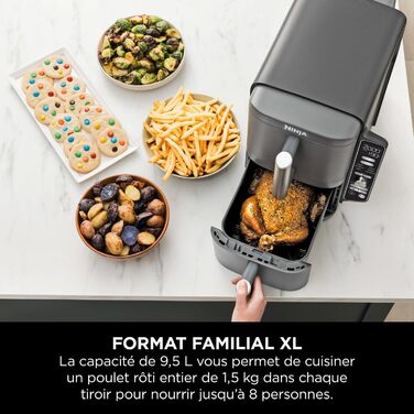 Ninja Double Stack XL Air Fryer Hot Air Fryer, 9.5L Air Fryer, Double Basket Hot Air Fryer with 4 Cooking Levels, 2 Baskets, 2 Racks, Space-Saving Design, 6 Cooking Functions, 8 Portions, Grey SL400EU Stacked Double Drawer 9.5L Grey