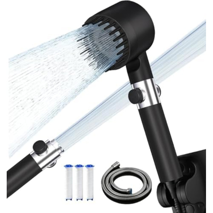 Фільтрована душова лійка з високим тиском, ручна, з шлангом, 4 режими, економія води, стоп-функція, для жорсткої води, видаляє хлор та бактерії (DY-001, чорний)