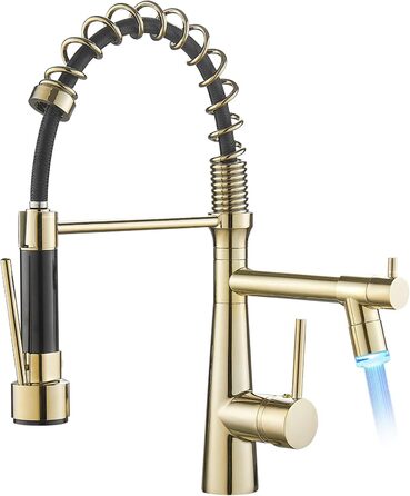 Змішувач кухонний LED Chrome з висувною лійкою, 360° поворот, 2 виходи, високий тиск (золотий)