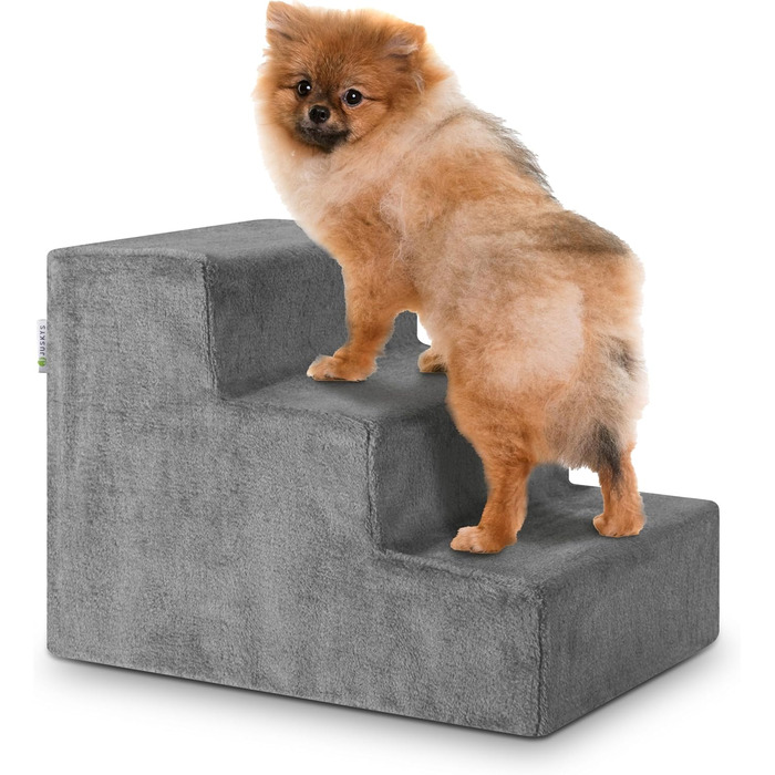 Juskys Pet Stairs Dog Stairs 36 cm - 3-Step Stairs, Washable Plush Cover - Cat Stairs Dog Ramp for Bed, Sofa, Couch and Car - Cover Grey