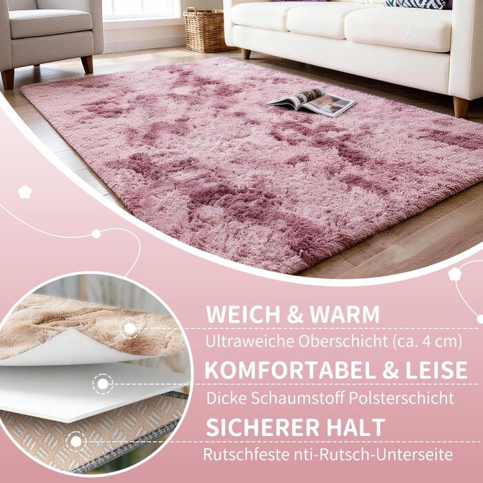 Килим круглий 100 см, миючий, антиковзний, високий ворс, для дитячої кімнати, м'який плюшевий килим (Батік Рожево-ліловий, 160x230 см, прямокутний)