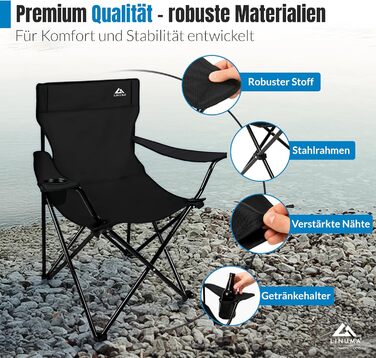 LINUMA® 2 шт. Складний стілець для риболовлі та кемпінгу - чорний, з підстаканником та сумкою для перенесення. Стілець для відпочинку, саду, риболовлі.