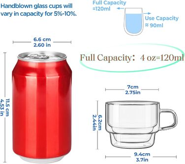 Glastal Stackable Glasses 120ml Espresso Glasses Double-Walled Espresso Cups Glass 2-Piece Set, Double-Walled Coffee Glasses Tea Glasses Espresso Cups Set for Tea, Milk, Gift for Women Men