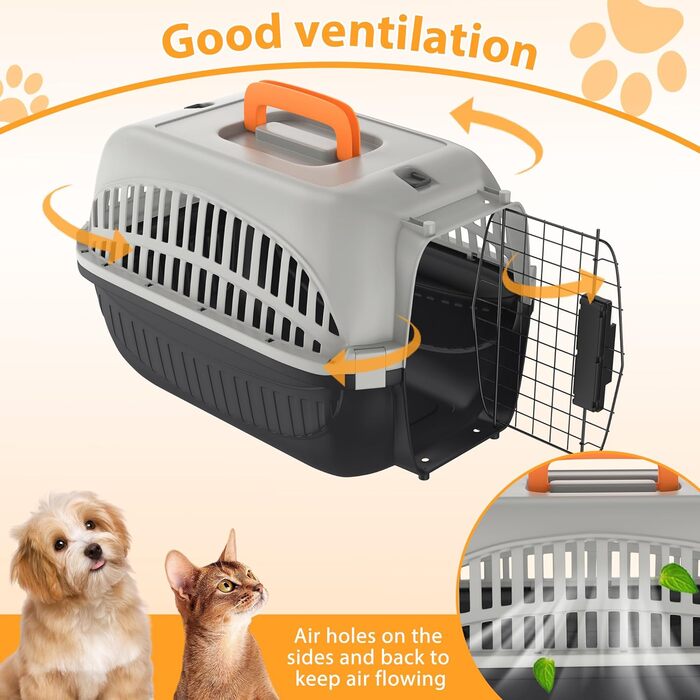 Транспортна переноска для собак та котів Aufun, 48x32x32 см, пластик з металевим ґратом, сіра та чорна