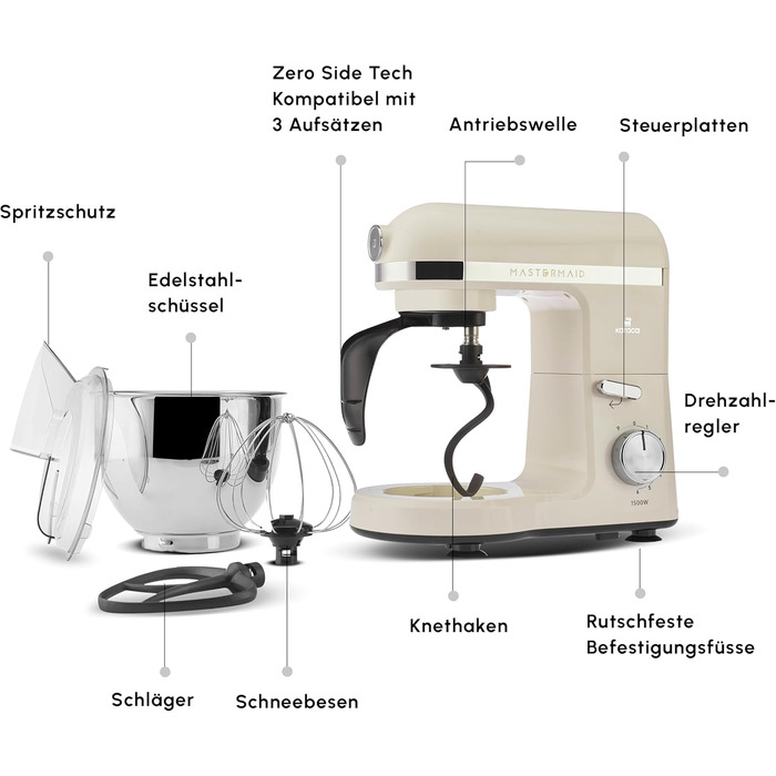Планетарний міксер-кухонний комбайн Karaca Mastermaid Chef Pro 1500W, 5 л, колір Soft Cream (кремовий), з насадками для замішування, збивання та змішування