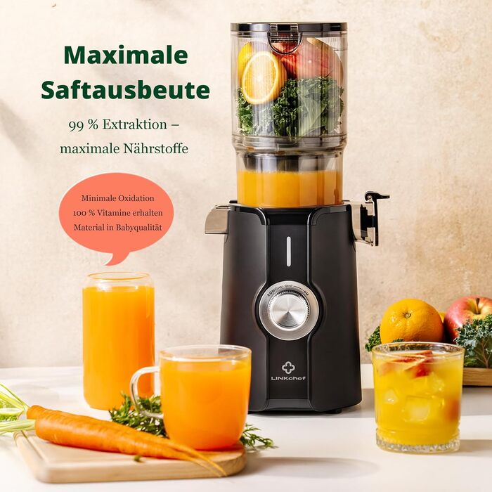 Шнекова соковижималка LINKChef Slow Juicer для овочів та фруктів, широкий завантажувальний отвір 115 мм, потужність 200 Вт, BPA-free, чорна
