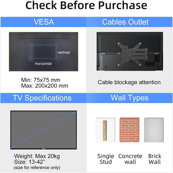 Кріплення для телевізора Suptek TV-Wandhalterung 13-42 дюйми, поворотне, нахильне, чорне, до 20 кг, VESA 200x200 MM, MA1345