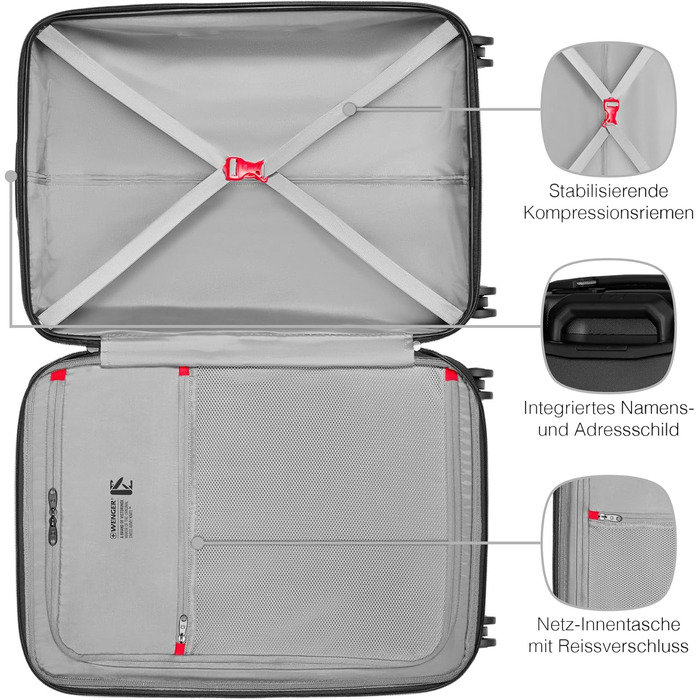 WENGER Prymo Medium Hard Shell Suitcase with 4 Wheels, Trolley, Medium Size, 59 (67) L, Security Lock, Women's/Men's, Travel/Vacation, Black, 612537