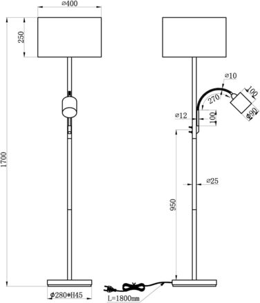 Стельова лампа Trio Leuchten Hotel 403900211, металевий нікель матовий, сірий тканинний абажур, комплектація: 1x E27 + 1x E14, 60 Вт